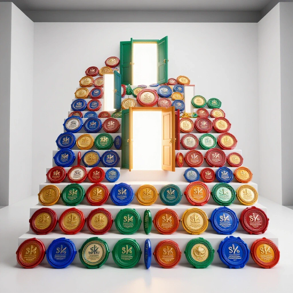 A staircase built from colorful certification badges with glowing doors opening along the steps, set against a bright white background.