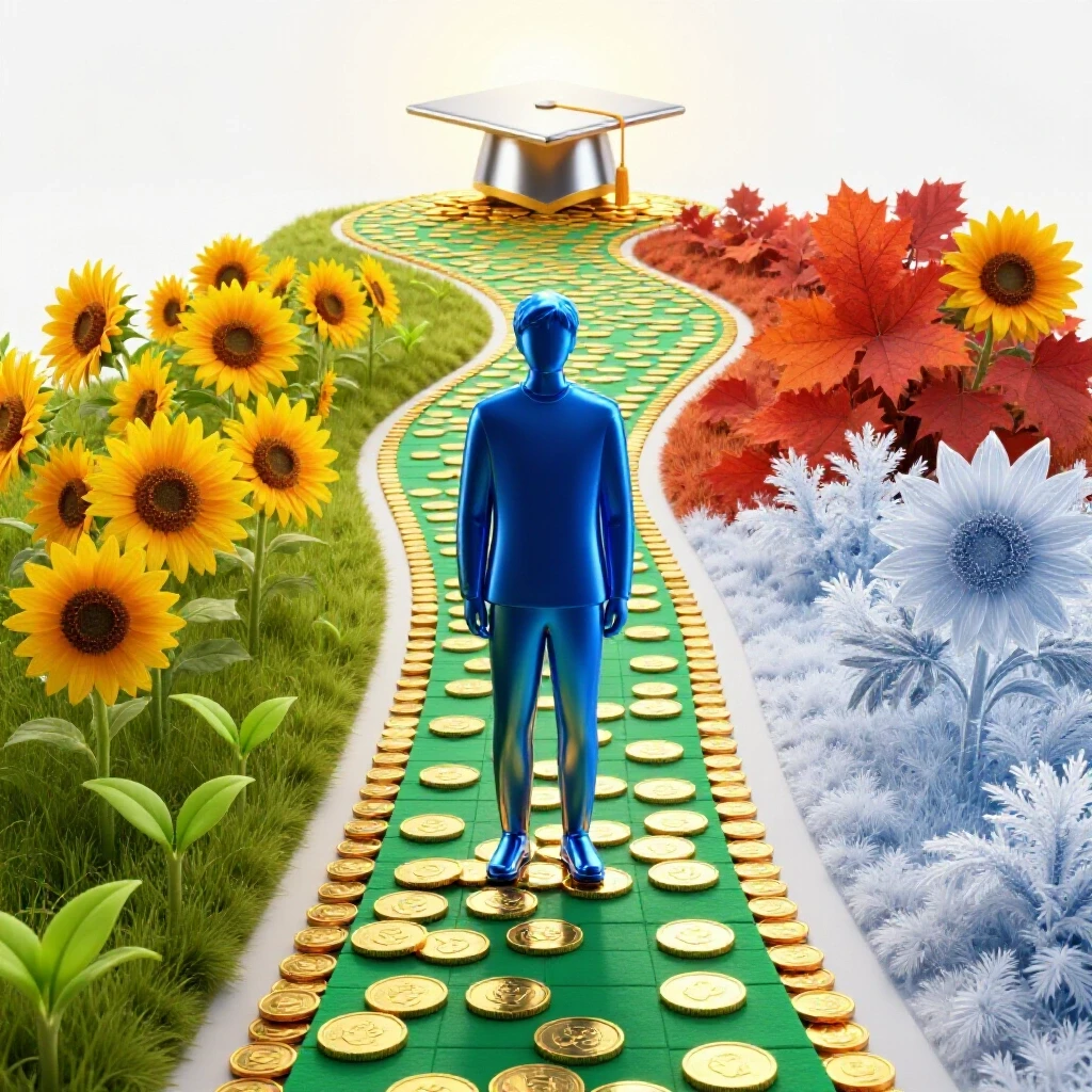 Glowing coin path winds through four symbolic seasons toward a sunlit graduation cap, highlighting renewable college aid journey.