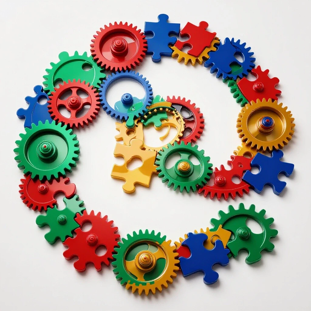 Vivid gears and puzzle pieces forming an ascending pathway on a bright white background, symbolizing learning systems