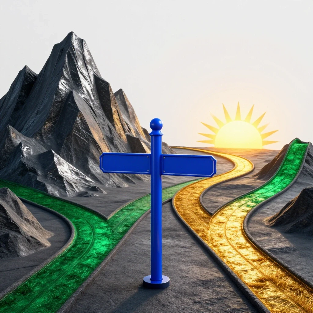 Vivid split-scene crossroads with a blue signpost, winding paths diverging toward a mountain and a bright sunrise