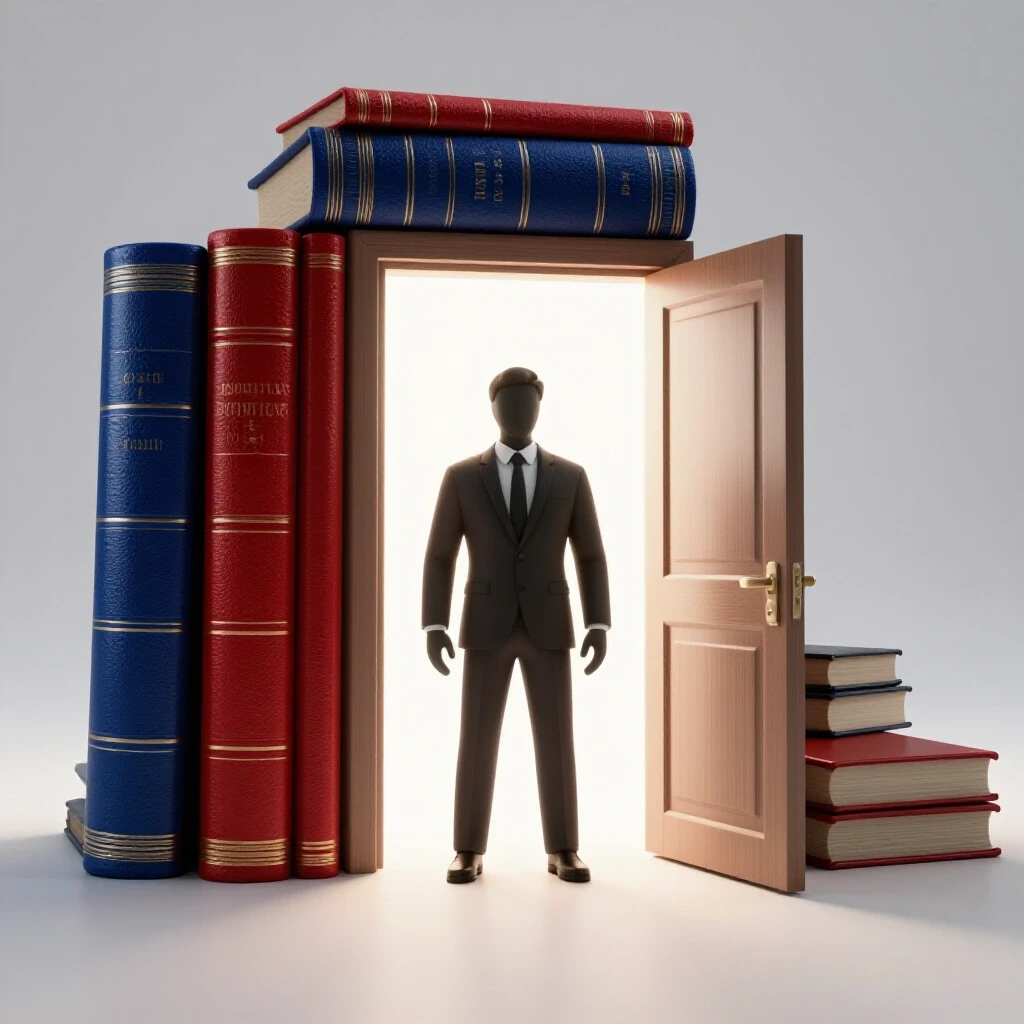 A confident figure stands at a glowing courtroom entrance with looming law books nearby on a bright background.