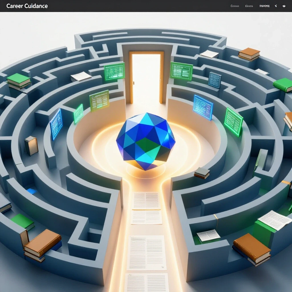 A geometric figure navigates a vibrant maze of books, documents, and digital screens, following a glowing path to an open doorway.