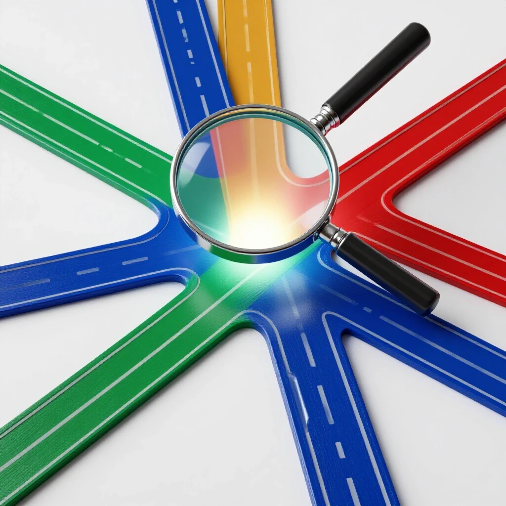 Colorful academic pathways at a crossroads highlighted by a magnifying glass, symbolizing research-driven degree choice.