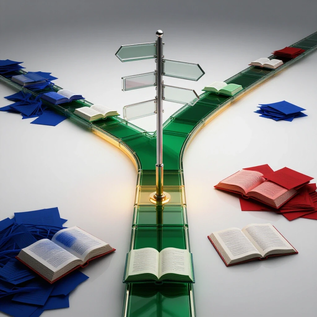 A crossroads with illuminated open books and clear signposts on one side, tangled documents in shadows on the other, symbolizing ethical choices in research.