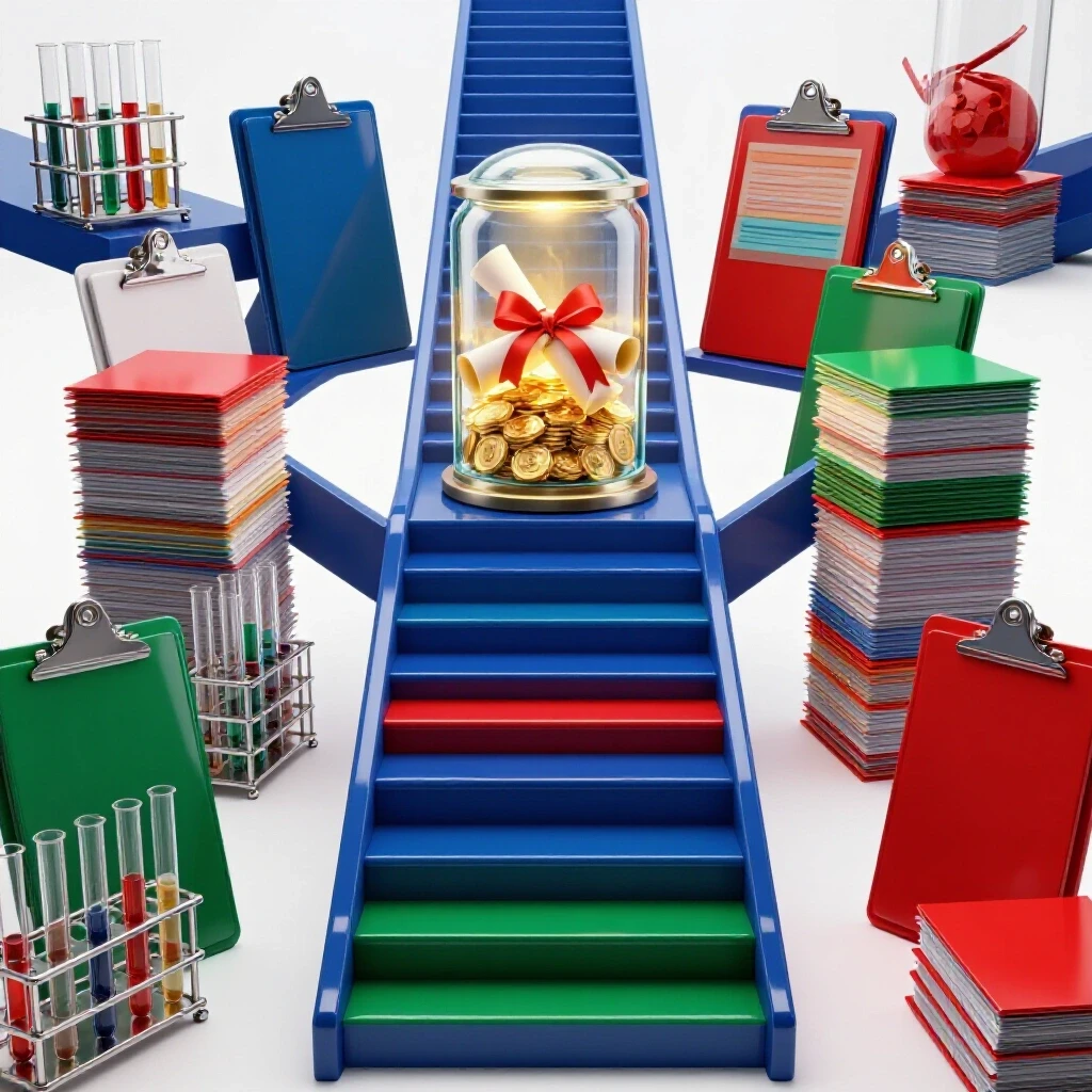 Staircase made of research tools and documents leads to a glowing vault filled with coins and diplomas on a bright background.