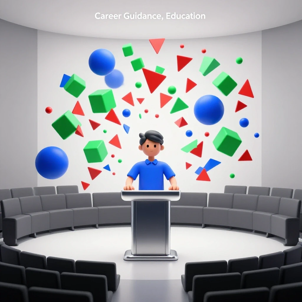 Confident student shape at podium projects vibrant geometric ideas toward shadowed audience in bright studio setting