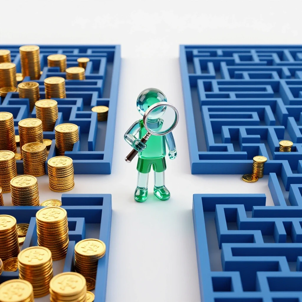 A crossroads with one path leading to gold coin stacks and the other to a blue maze, a student figure holding a magnifying glass at the intersection.