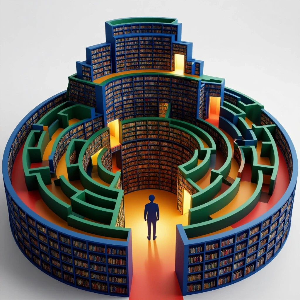A spiraling, richly colored library with glowing doorways and paths, an abstract student figure at its base on a bright background.