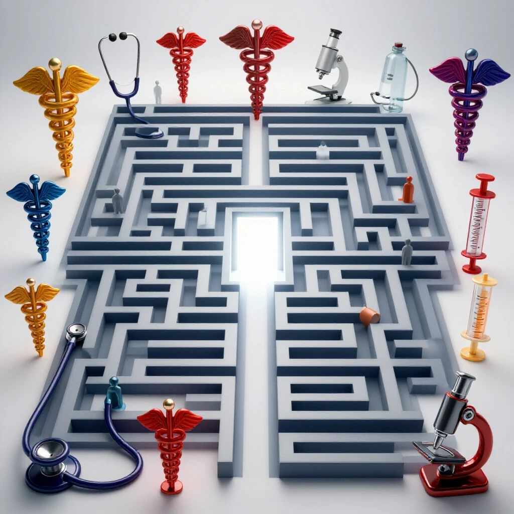 Maze-like path lined with vibrant medical symbols leads to a glowing doorway, symbolizing residency match journey.