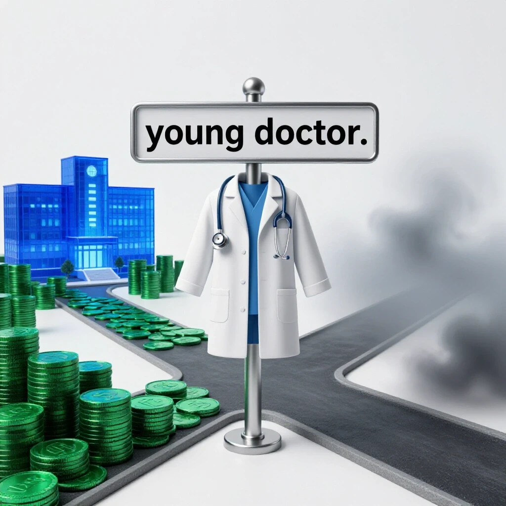 A doctor's coat on a signpost at a crossroads with one path lined with coins to a hospital and another fading into uncertainty.
