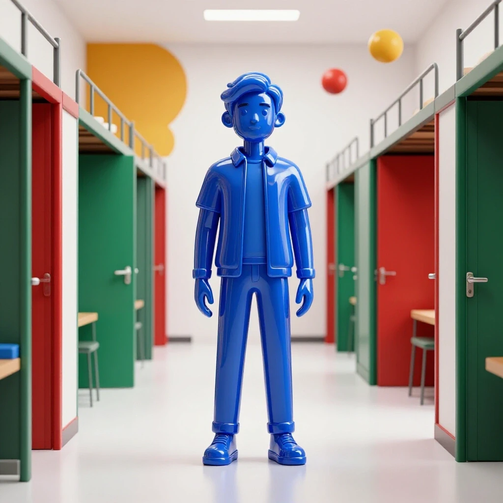 Central student figure in vibrant dorm hallway with open doors, rich colors, and bright lighting symbolizing campus leadership.