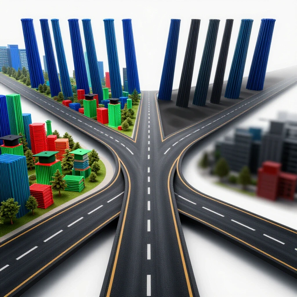 A forked road splits between a vibrant, colorful campus scene and a shadowy, ambiguous path, symbolizing career decisions.