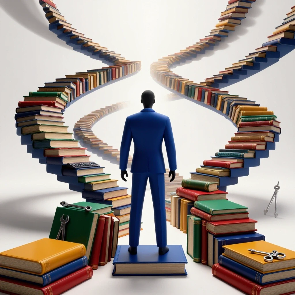 A symbolic staircase of glossy books and career tools rises toward a bright horizon, reflecting new opportunities.