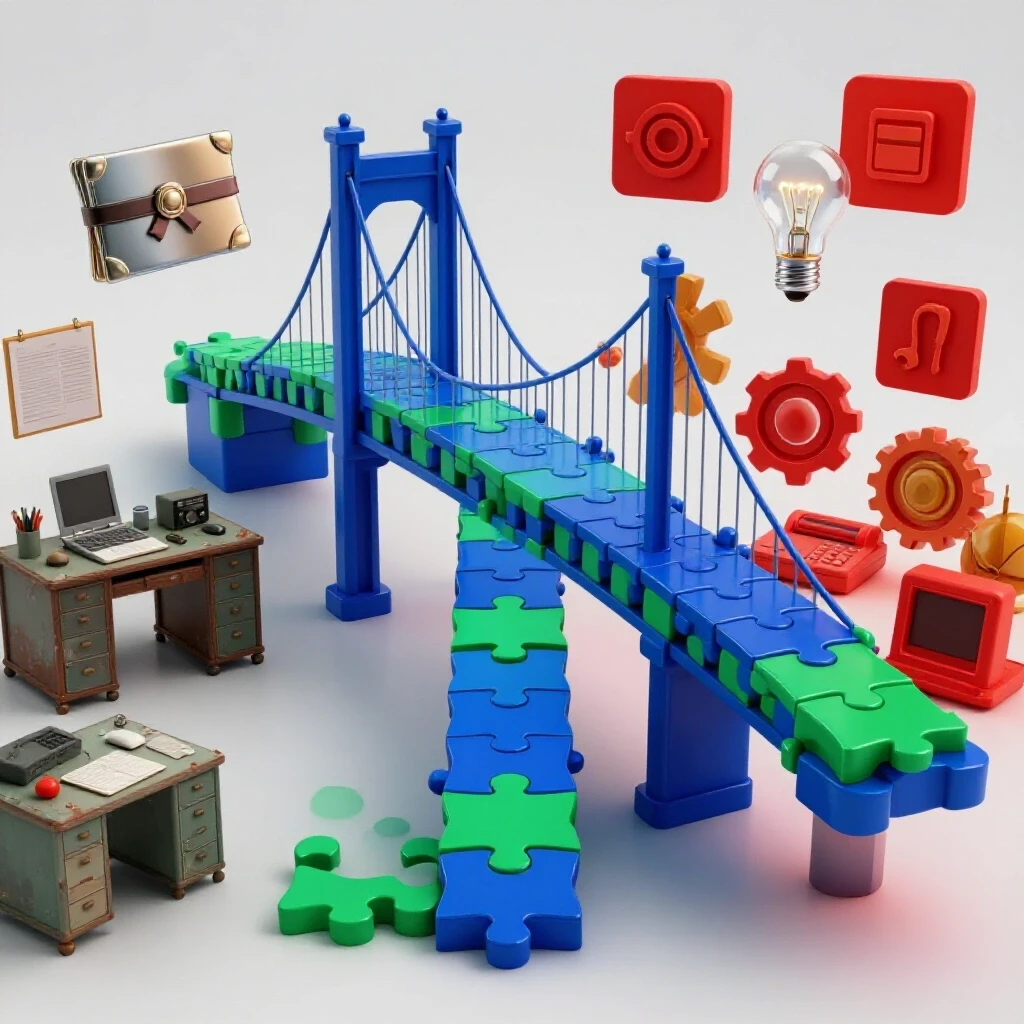 Bridge of colorful puzzle pieces connects an old workspace to a modern scene with skill icons and tools.
