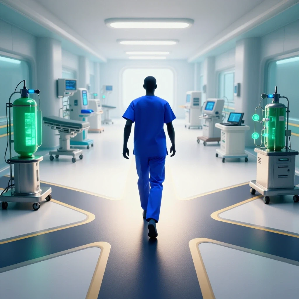 A dynamic crossroads with a bright hospital path featuring glowing medical equipment, symbolizing career choices.