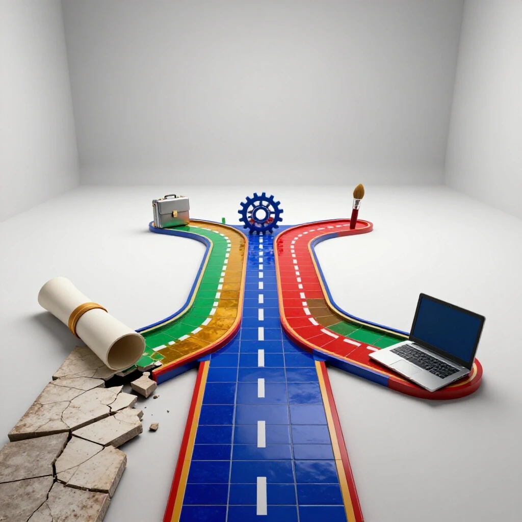 A cracked diploma path fades into a vibrant branching road lined with colorful symbols of diverse careers.