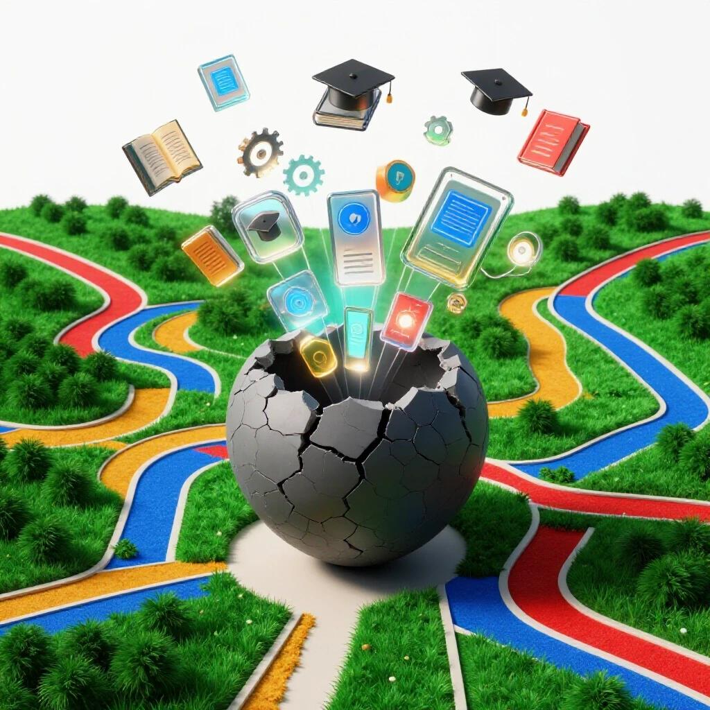 A cracked gray cocoon at the center with vibrant learning symbols and paths emerging in a bright studio setting.