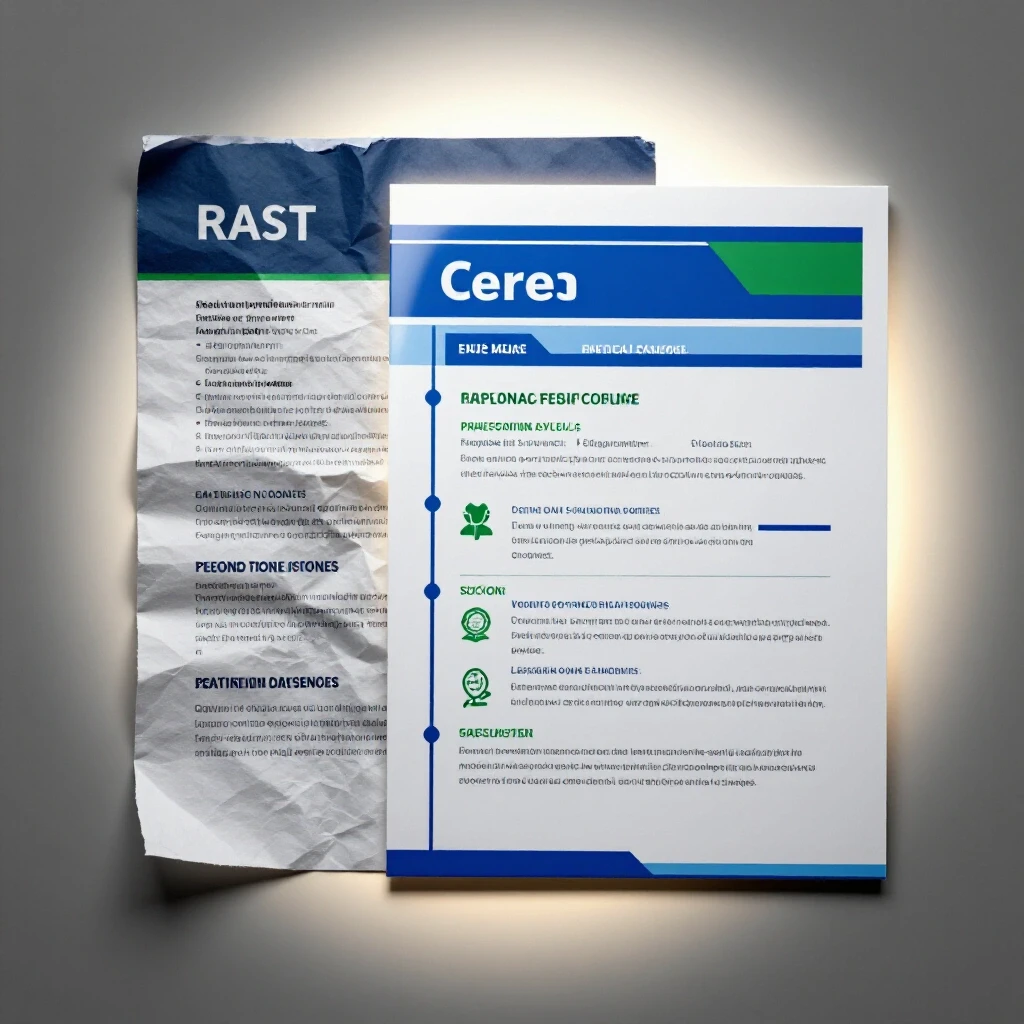 Crumpled resume fades into the background beside a polished, illuminated resume on a clean bright surface.