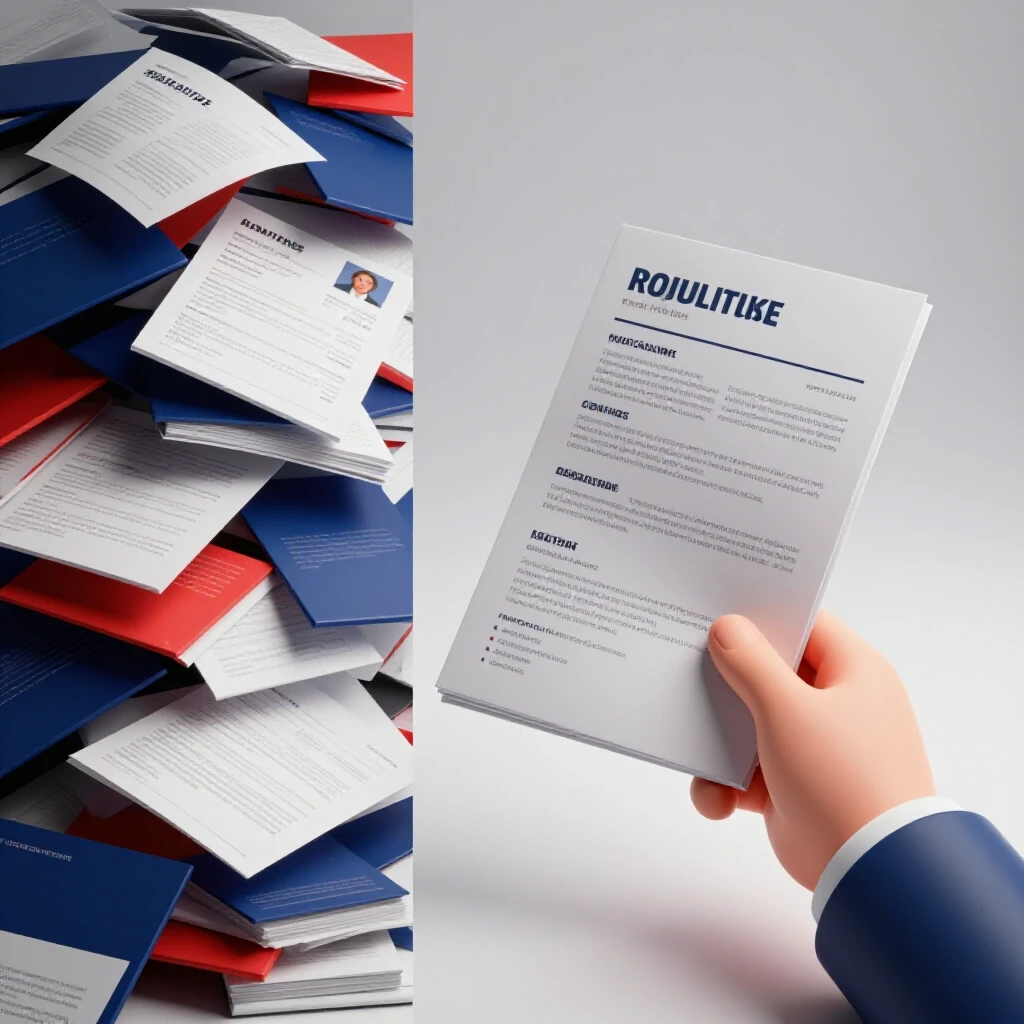 Split image of a cluttered pile of resumes contrasted with a single selected, polished resume in bright studio lighting.