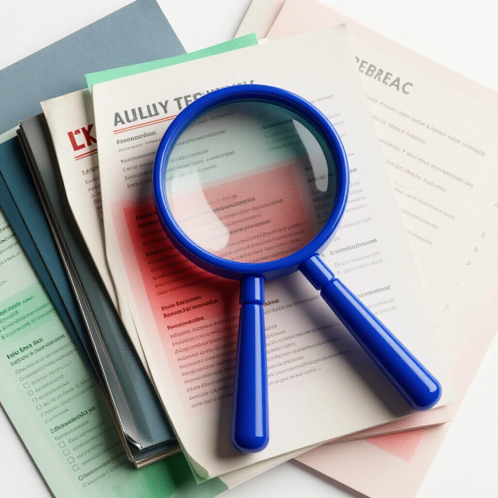 Magnifying glass focusing on vivid resumes amid faded stacks, highlighting the resume screening process.
