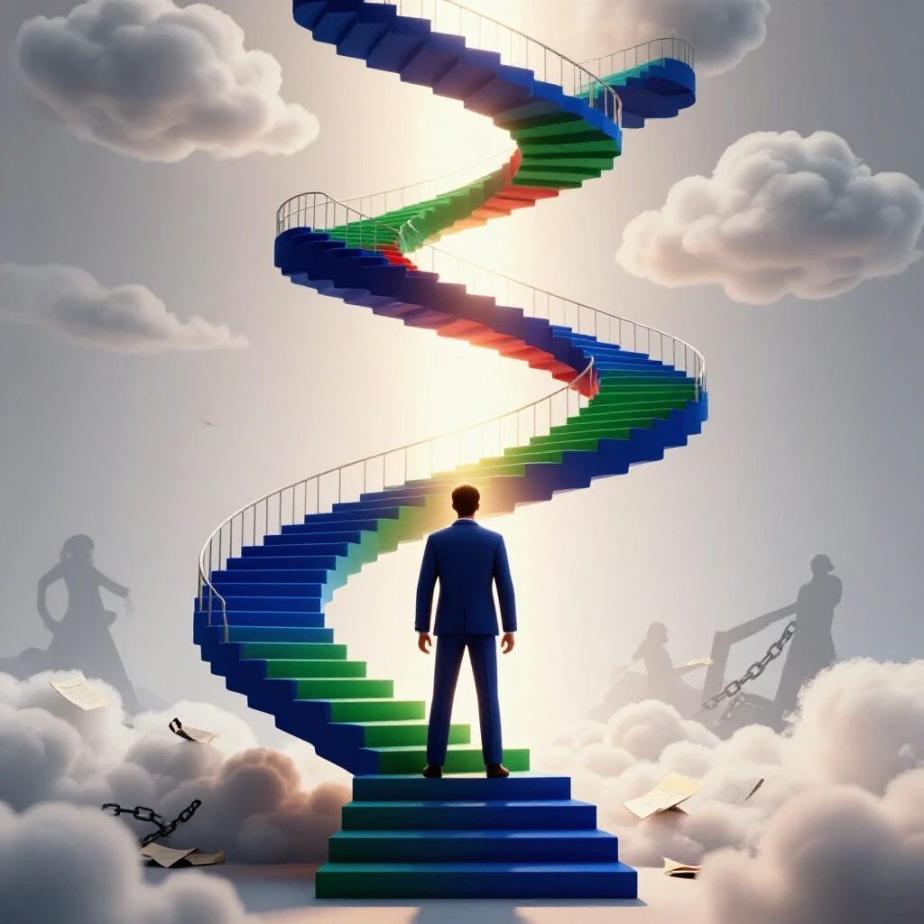 A faceless figure stands at the base of a winding staircase rising through clouds, illuminated by radiant light above.