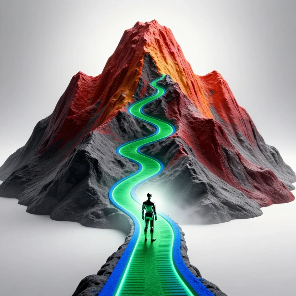 A metallic figure stands at the base of an exam sheet-shaped mountain with a glowing path winding upward