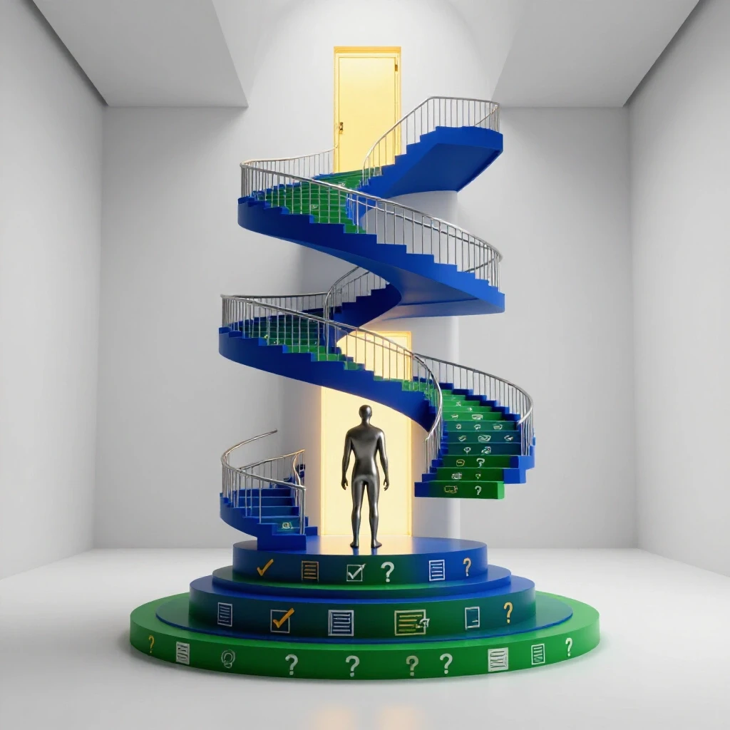 A vibrant winding staircase with exam icons leads to a glowing doorway, symbolizing a successful PMP retake journey.