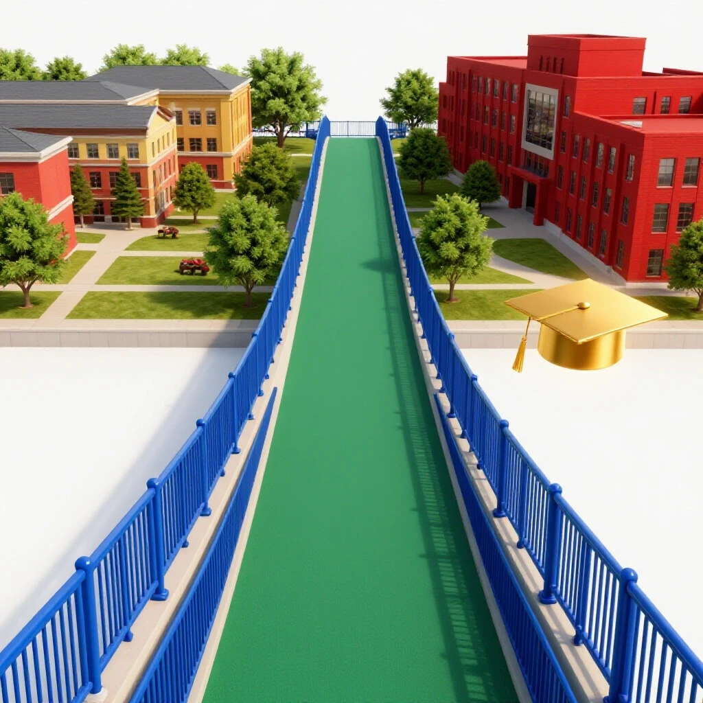 A glossy blue and green bridge connects two colorful campuses under bright studio lighting, with a radiant graduation cap at the end symbolizing successful transfer.