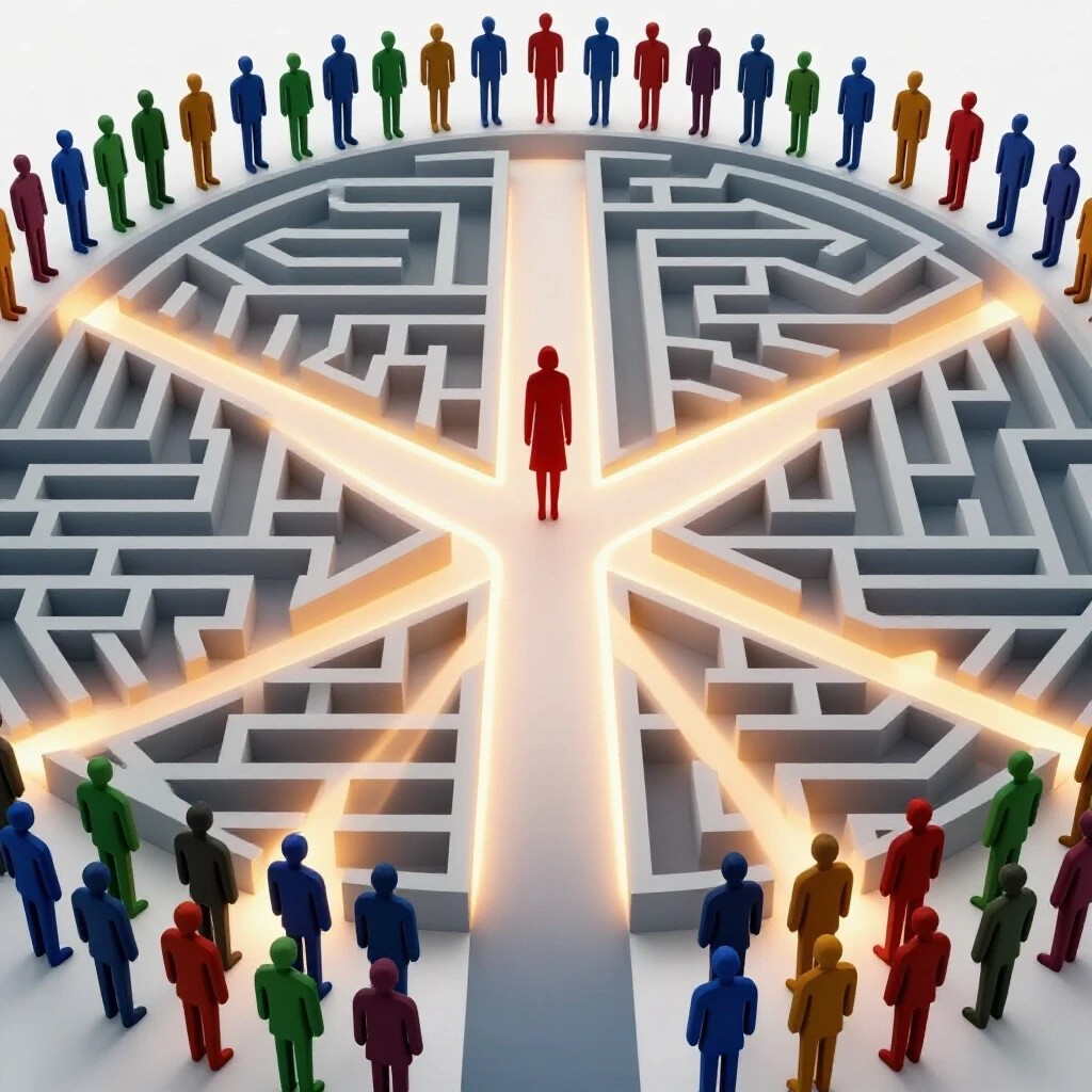 A crossroads with abstract student figures at a maze edge, radiant pathways branching outward, and glowing lights symbolizing academic support.