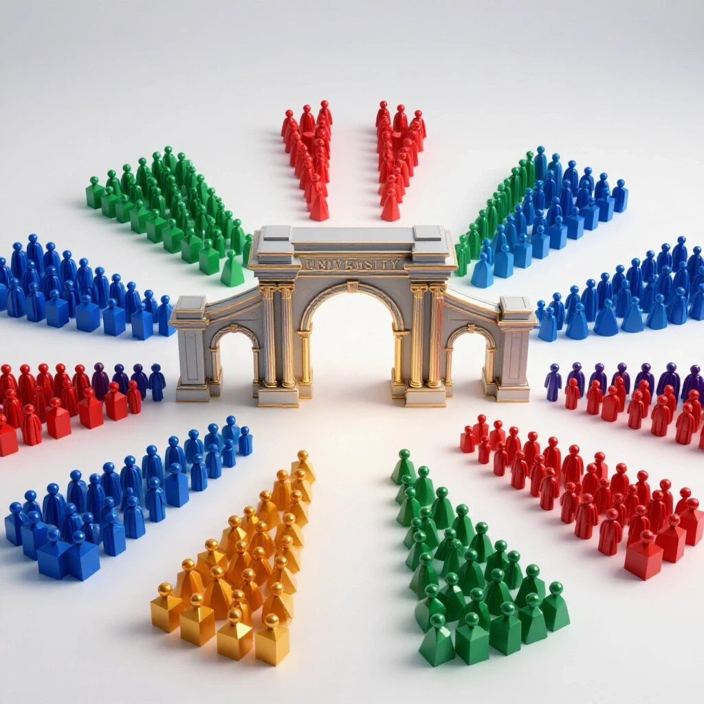 Split campus pathways with clustered and thinning student groups in vivid colors, symbolizing retention rates by major.