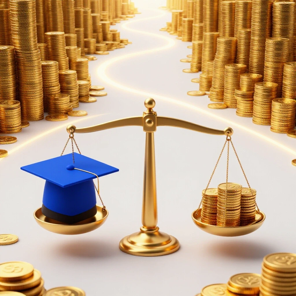 A balancing scale holding a glowing graduation cap and gold coins, set before a winding path to a bright horizon.