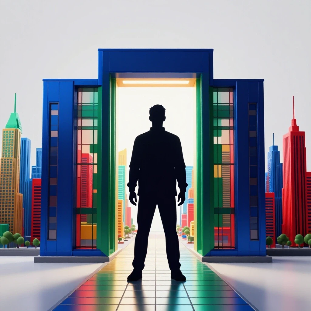 Confident adult figure at a modern campus entrance, path fading into a vibrant cityscape behind them