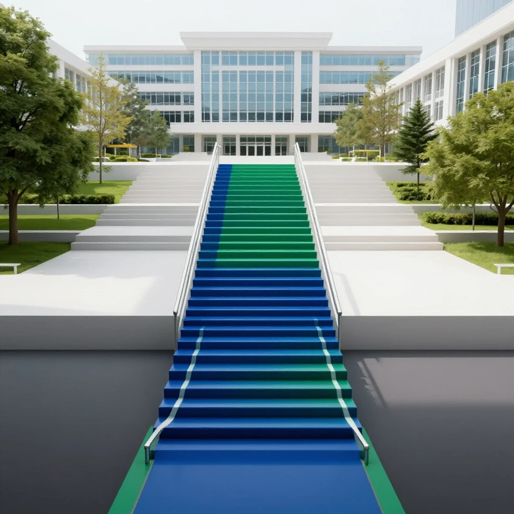 A glossy blue and green 3D staircase rises from darkness into a bright, modern, campus-like scene on a luminous white background.