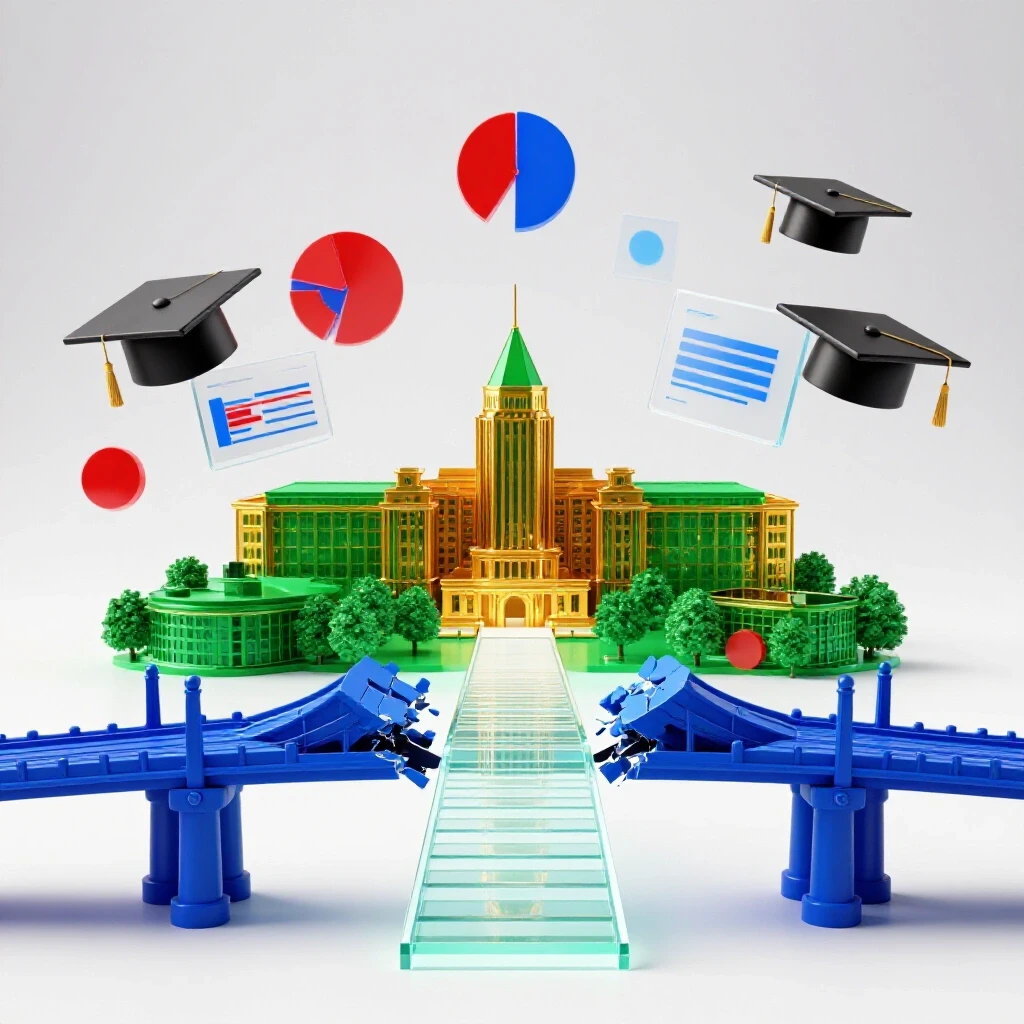 Broken bridge leading to brightly lit university with floating graduation caps and data charts symbolizing return to college.