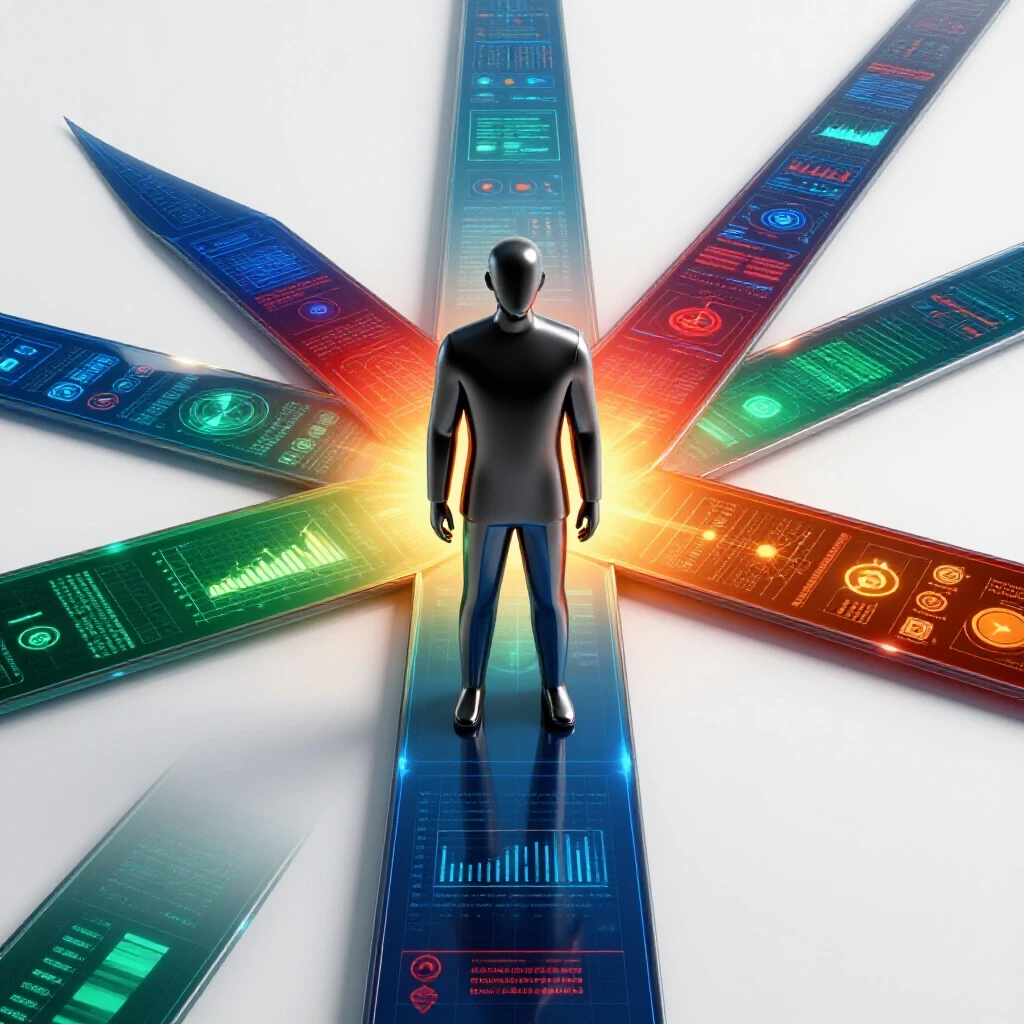Glossy metallic figure at crossroads with glowing data paths, illuminated graphs, and a bright horizon