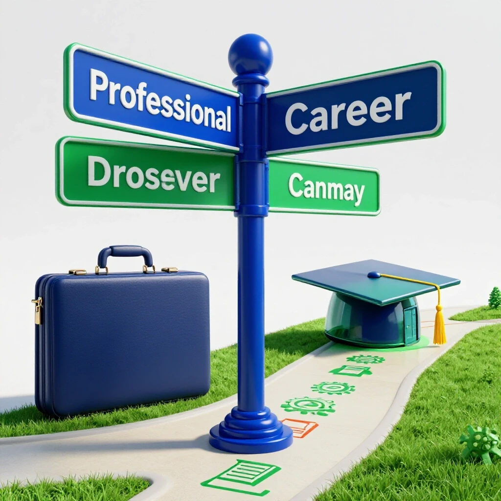 Glossy split crossroads with briefcase and graduation cap symbolizing mid-career education choices