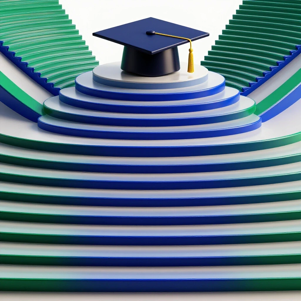 Shiny stairs curve backward to a graduation cap on a pedestal, symbolizing reverse transfer path.
