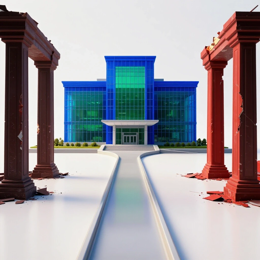 A split pathway leading to a modern, bright building on one side and a crumbling, shadowy structure on the other, symbolizing accreditation choice and risk.