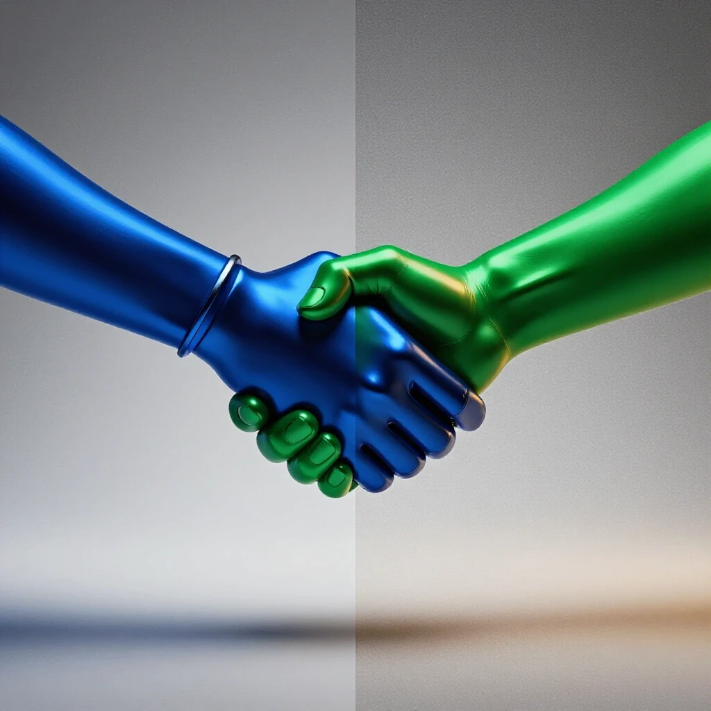 Split scene showing a metallic blue cold handshake on one side and a glossy green warm handshake on the other, set on a bright white background.