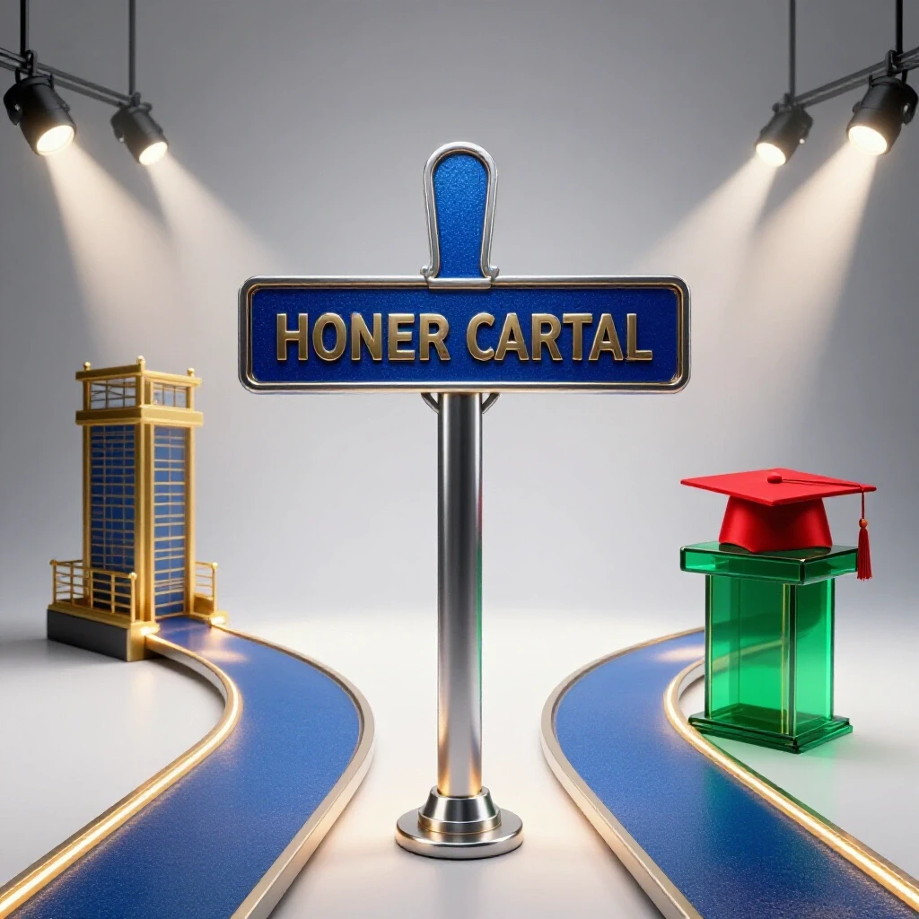 Colorful crossroads with one path to a vibrant stadium, another to a glowing academic podium, both under bright light.
