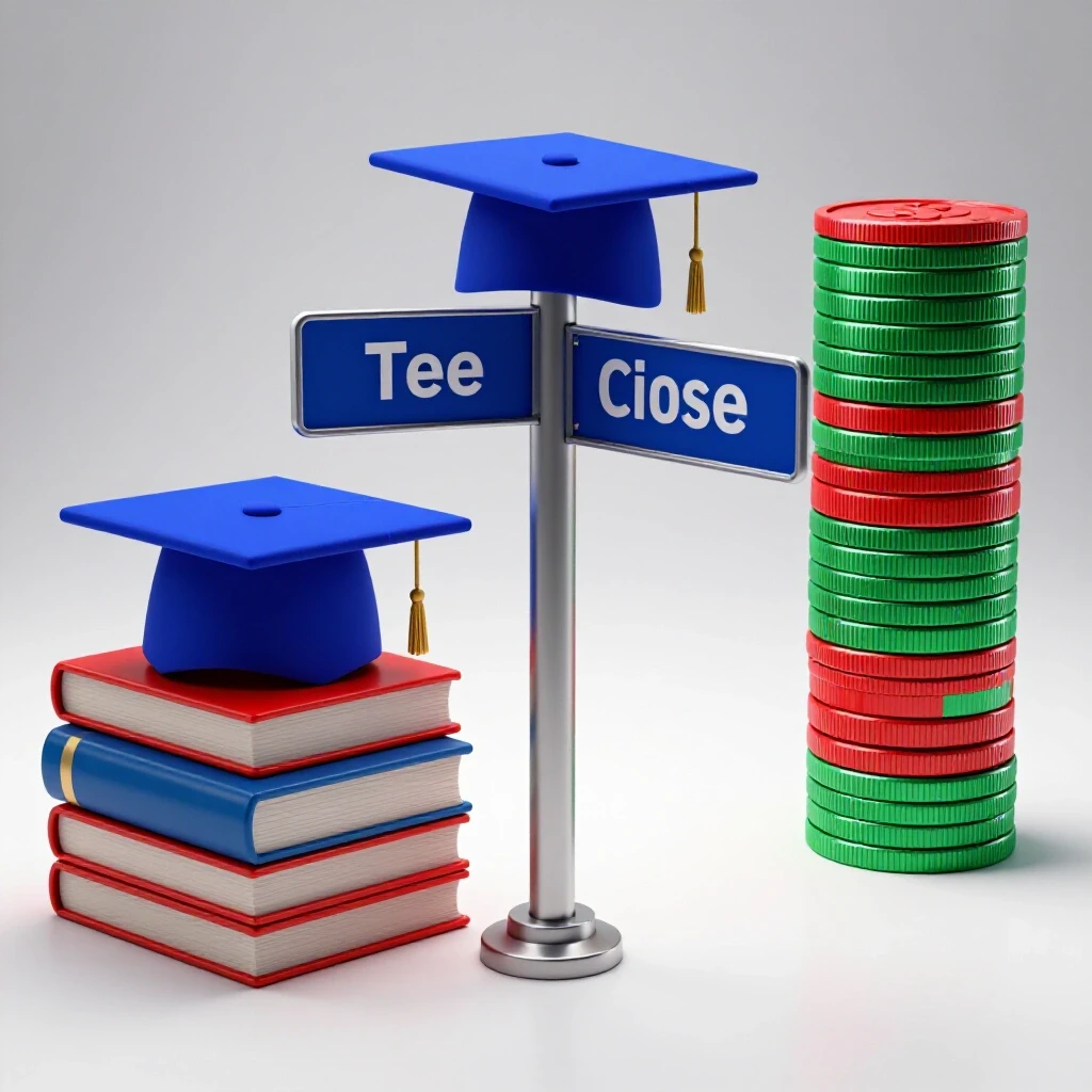 A crossroads signpost with a graduation cap on stacked books facing a tall pile of money, set on a clean bright background.