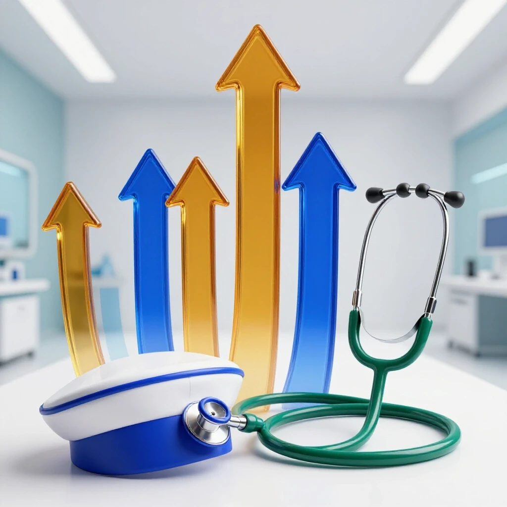A nurse's cap transitions into a stethoscope and upward arrows, bridging clinical and professional settings.