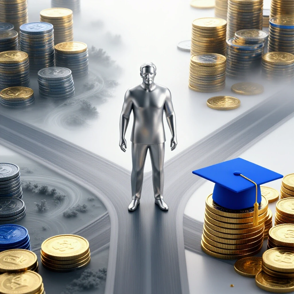 A symbolic older adult stands at a crossroads; one path leads to a glowing graduation cap atop coins, the other fades into mist.