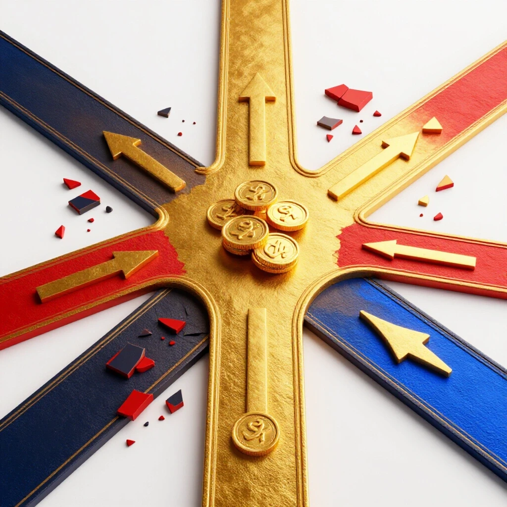 At a bright crossroads, a golden path full of coins and arrows diverges from a cracked, crumbling route on a white background.