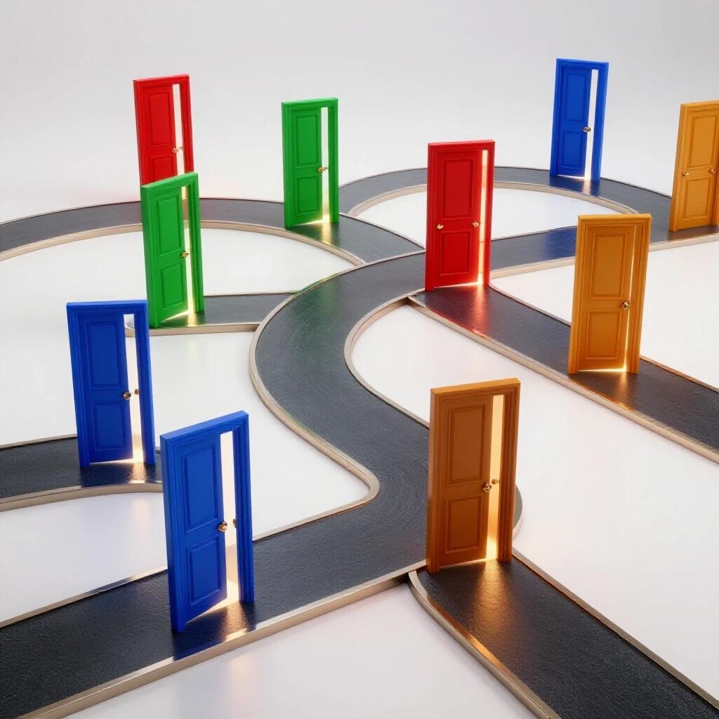 Bright winding path with multiple open, colorfully illuminated doors on a glossy surface, set in a clean studio-white space.