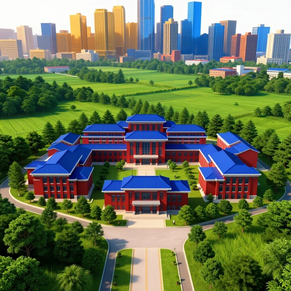 A vibrant rural college campus centered in green fields and forests with a path from a distant city skyline.