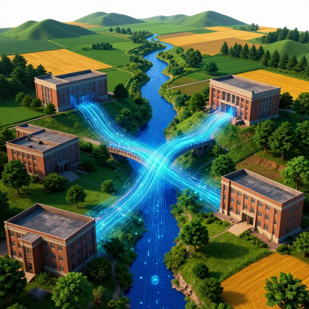 Vibrant rural landscape merging into empty college buildings, glowing data streams connecting campus and countryside.