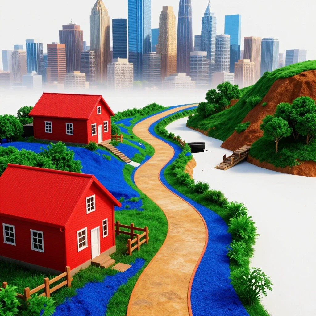 Vivid winding path from a small rural schoolhouse through obstacles toward a bright city skyline