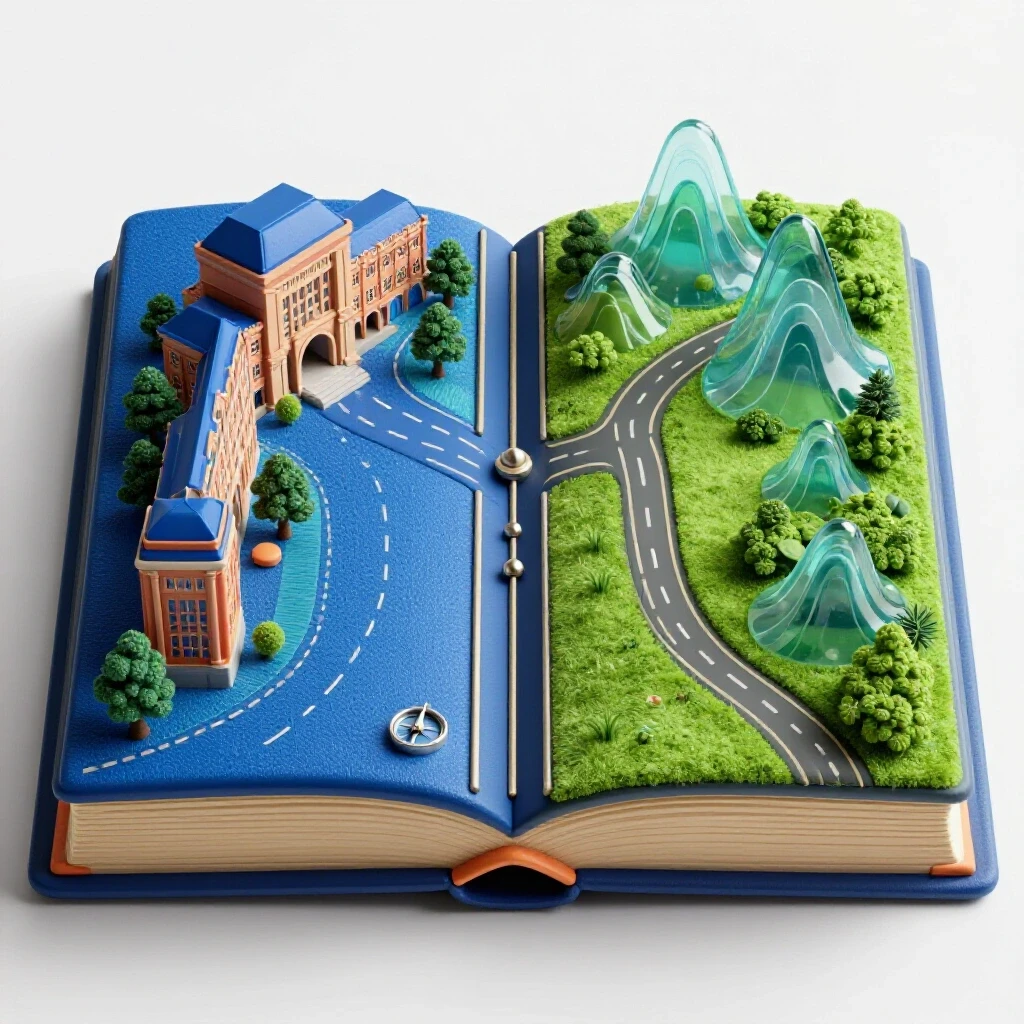 Central academic symbol at a crossroads between a lively university path and a peaceful retreat, contrasting settings.