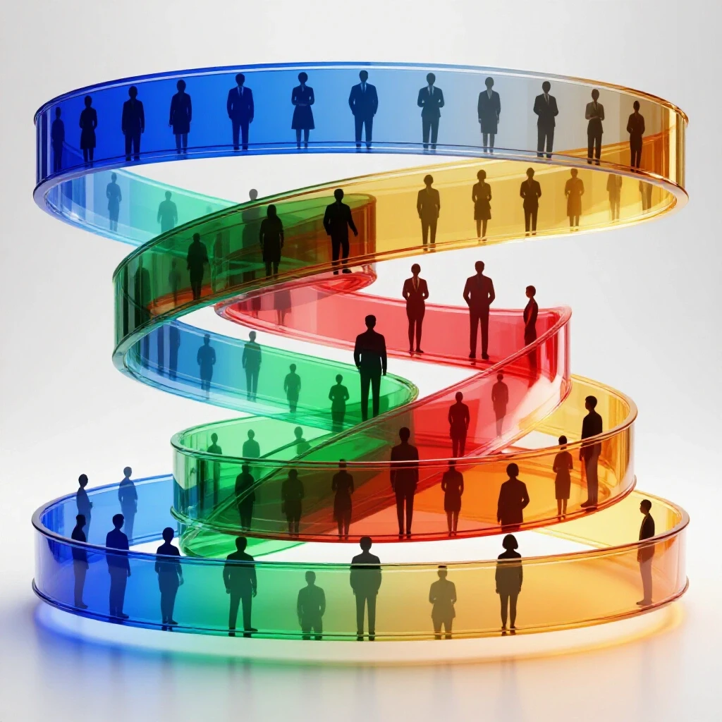 Ascending transparent colored bands with professional silhouettes represent career and salary progression on a glossy white background.